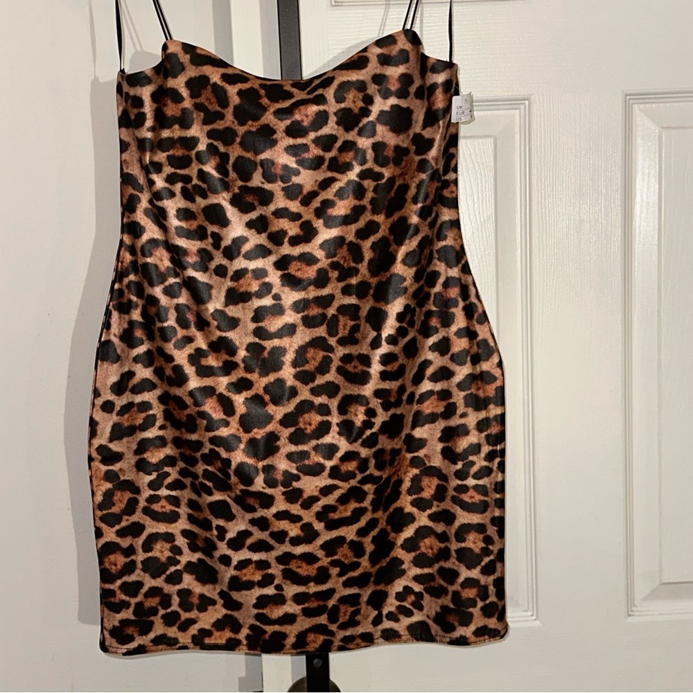 TOPSHOP Leopard Spaghetti Straps Bodycon Mini Dress 10